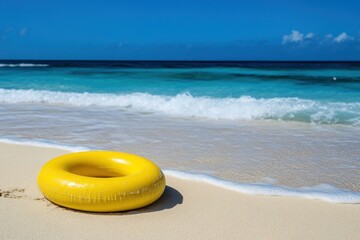 Naklejka premium Vibrant Yellow Lifebuoy Floating Calmly on Sandy Beach with Crystal Clear Turquoise Water Under a Bright Blue Sky on a Sunny Day