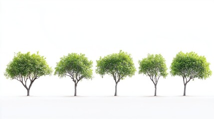 Obraz premium Five small green trees in a row on white background.