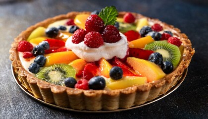 Generated image  freshly baked fruit tart with flaky crust, creamy filling, and sweet topping close up food