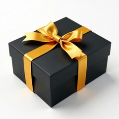 Obraz premium A black gift box with a golden ribbon tied around it on a white background, present, black gift box, stylish packaging