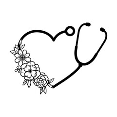 Floral heart stethoscope svg cut file. Isolated vector illustration.