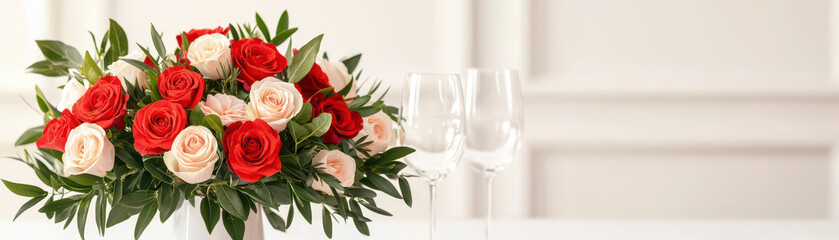 Naklejka premium beautiful arrangement of red and pink roses with greenery, perfect for romantic dining setting. Elegant glassware complements floral display