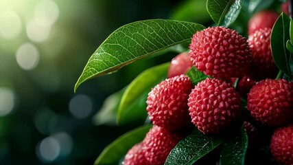 Bright red lychees dangle from vibrant green leaves, reflecting sunlight in a tropical garden. The succulent fruits symbolize summer's delicious offerings in nature.
