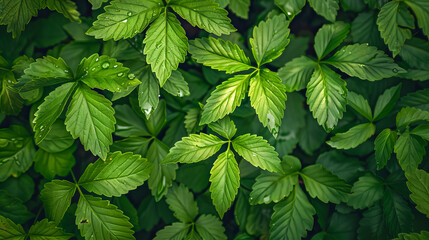 Background of green leaves with water drops forming beautiful pattern