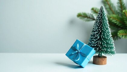 A blue gift box with a small Christmas tree in front of it placed on the edge of a clean white table with pine branches behind it, blue gift box, christmas