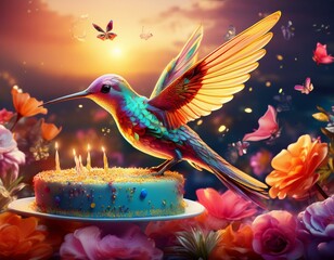 Obraz premium Generated image Gold hummingbird flying with glowing wings at Sunset. Abstract fantasy landscape of bird 