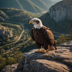 A regal eagle perched on a rocky cliff overlooking a valley.