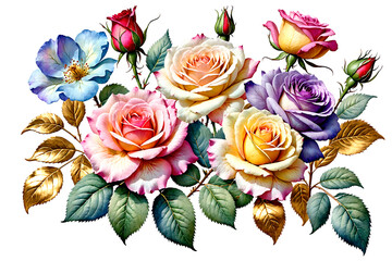A collection of colorful roses and tiny flowers on a white background - Generative AI