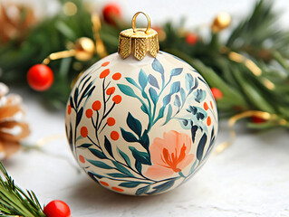 Beautifully Decorated Holiday Ornament Featuring Floral Designs Rests Among Evergreen Branches and Berries