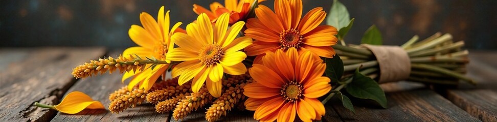 Naklejka premium A bundle of dried orange and yellow flowers with a ribbon wrapped around it, flower, earthy, natural