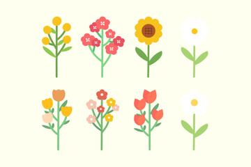 Flower collection. Tulip, daisy, sunflower. Natural, blossom, floral concepts. Flat decorative vector design isolated illustration.