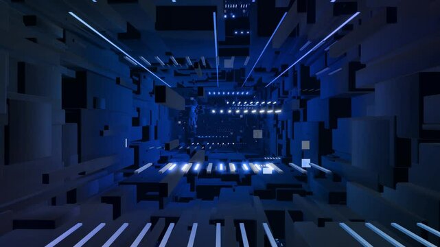 3d looped abstract background with data blocks. Information technology concept with data flow. Blue dark sci fi bg fly through hi tech digital space, neon light. Data flow in blockchain or bigdata.