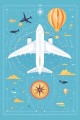 Naklejka premium Flat design illustration of an airplane and hot air balloon