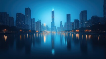 Fototapeta premium Night cityscape, skyscrapers reflected in calm water.