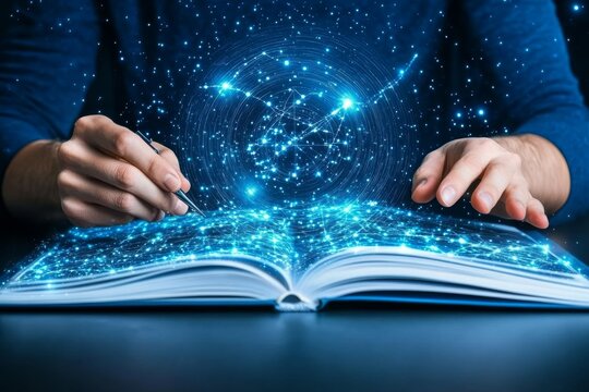 An astrologer sitting at a desk, analyzing a natal chart, surrounded by astrological tools and symbols. Generative AI