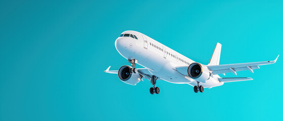 sleek modern airplane soaring through bright blue sky, showcasing its design and engineering