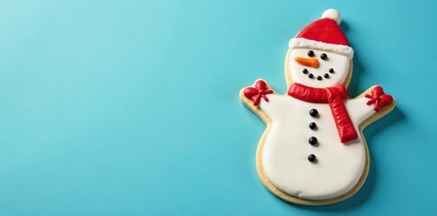 Fototapeta premium A decorated sugar cookie shaped like a snowman on a blue background, Christmas, winter, snowman