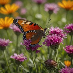 A vibrant butterfly resting on a colorful meadow flower.