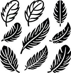 Feather icon set. Collection of black bird feather silhouettes on isolated white background. Minimalist vector art illustration.
