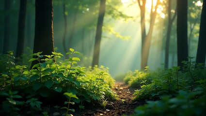 Obraz premium Sunlight illuminates vibrant green plants in a mossy forest. Ideal for nature, environment, and botanical-themed designs and projects