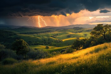 Obraz premium Dramatic Landscape of Rolling Hills Under Dark Storm Clouds with Lightning Strikes and Glowing Sunset Reflected on Vibrant Green Grass Fields