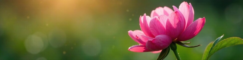 Fototapeta premium A delicate pink peony flower blooming in the early morning dew, morning light, dew drops