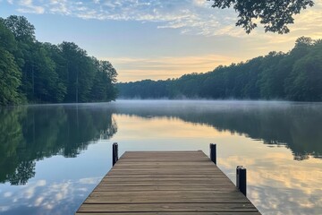 Tranquil lake dock scene at dawn  serene waters, lush trees, and gentle morning mist