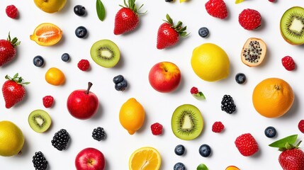 Vibrant flat lay of fresh fruit and berries arranged on white background.