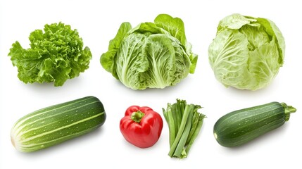 Fresh, vibrant vegetables lettuce, cabbage, zucchini, bell pepper, and celery, isolated on white.