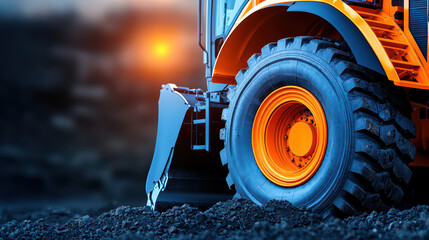 Heavy machinery tire on construction site, showcasing powerful design and functionality