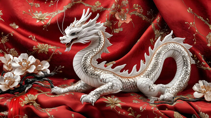 Fototapeta premium Elegant 3D Render of Silver Dragon on Red Fabric