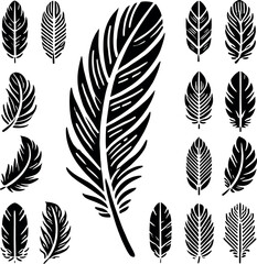 Obraz premium Feather icon set. Collection of black bird feather silhouettes on isolated white background. Minimalist vector art illustration.