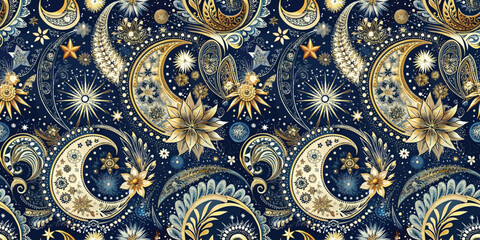 Elegant celestial pattern featuring moons, stars, and floral motifs in gold and navy.