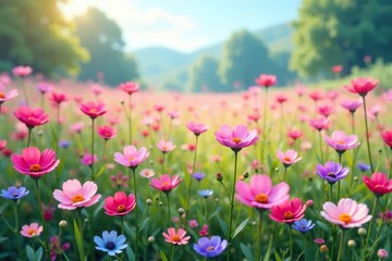 Obraz premium A field of colorful wildflowers in soft pink and blue hues, flower fields, landscape, garden