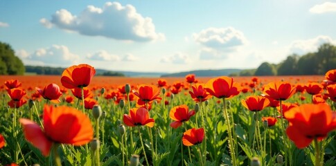 A field of vibrant red and orange poppies stretch towards the sky, garden, landscape