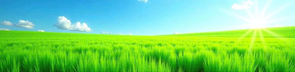 Obraz premium A field of vibrant green grass stretching towards the clear blue sky on a sunny day, natural scenery, sunshine