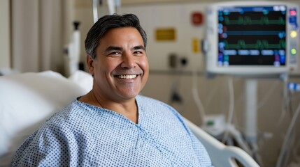 In a hospital room, a cheerful man sits in his hospital bed, wearing a patient gown. His bright smile conveys warmth and resilience, lifting the spirits of those around him
