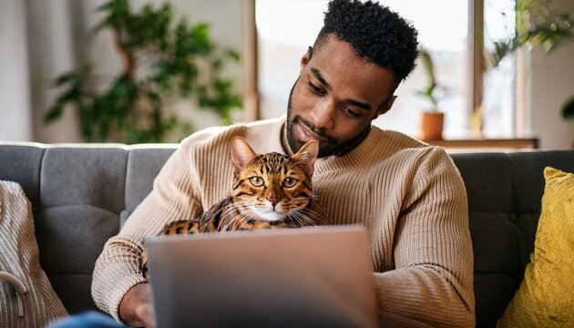 Generated image Young african american black man cuddling his bengal caton the sofa while remote working