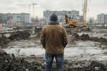 Civil engineer observes construction site progress with focused attention and professional insight