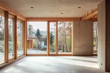 Fototapeta premium Interior view of a house under construction featuring expansive windows and open space