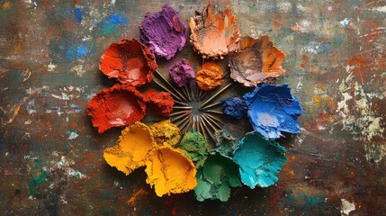 A stunning composition of multi-colored Indian powder paints, neatly arranged and bursting with festive vibrancy, on a rustic surface.