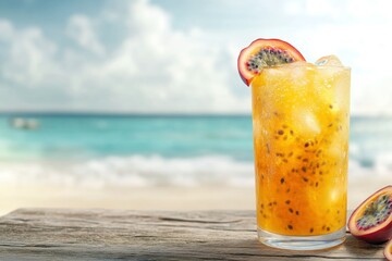 Obraz premium Refreshing Tropical Beverage with Passion Fruit and Ice Served on a Wooden Table Near a Beautiful Beach with Soft Waves and Blue Sky Background