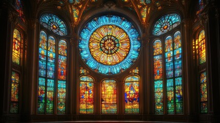 Obraz premium Ornate stained-glass window, vibrant colors, religious imagery.