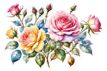 A collection of colorful roses and tiny flowers on a white background - Generative AI