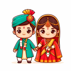Cute indian couple wedding character illustration design background 