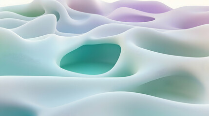 Fototapeta premium Fluid 3D abstract background featuring soft, organic curves, translucent surfaces, and a smooth gradient of pastel colors like lavender, mint green, and pale blue, creating a serene, dreamlike vibe