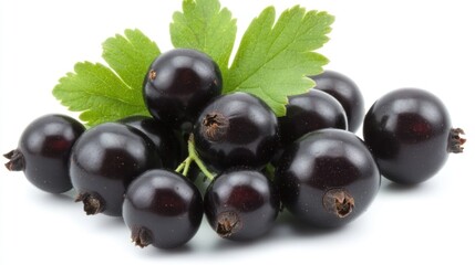 Fresh blackcurrants with green leaves on white background.