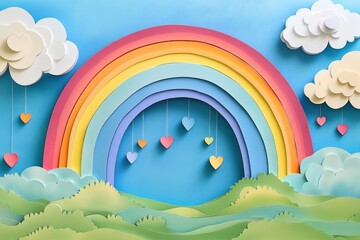 Colorful Paper Art Rainbow with Hearts and Clouds Against Blue Background, Ideal for Celebrations, Greeting Cards, and Creative Designs