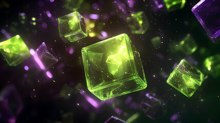 Futuristic 3D abstract background with floating, translucent cubes and spheres, illuminated by flickering neon green and purple lights in a dark space