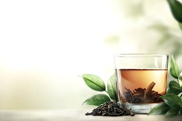 Glass of hot tea with dried tea leaves on a table and a green leaves background creating a relaxing and refreshing atmosphere, perfect for tea lovers and healthy lifestyle enthusiasts with copy space